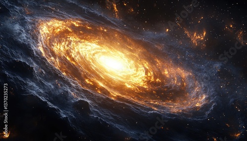 A swirling spiral galaxy with bright center shines in space