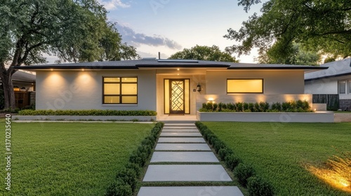 Wallpaper Mural Modern ranch house with landscaped lawn, pathway, and exterior lighting at dusk. Torontodigital.ca