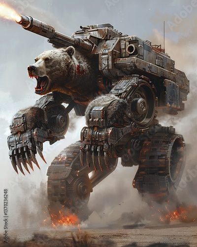 Monstrous hybrid of self propelled artillery system grizzly bear thundering across battlefield like unstoppable juggernaut armored plating mimic bear thick fur while reinforced leg propel forward