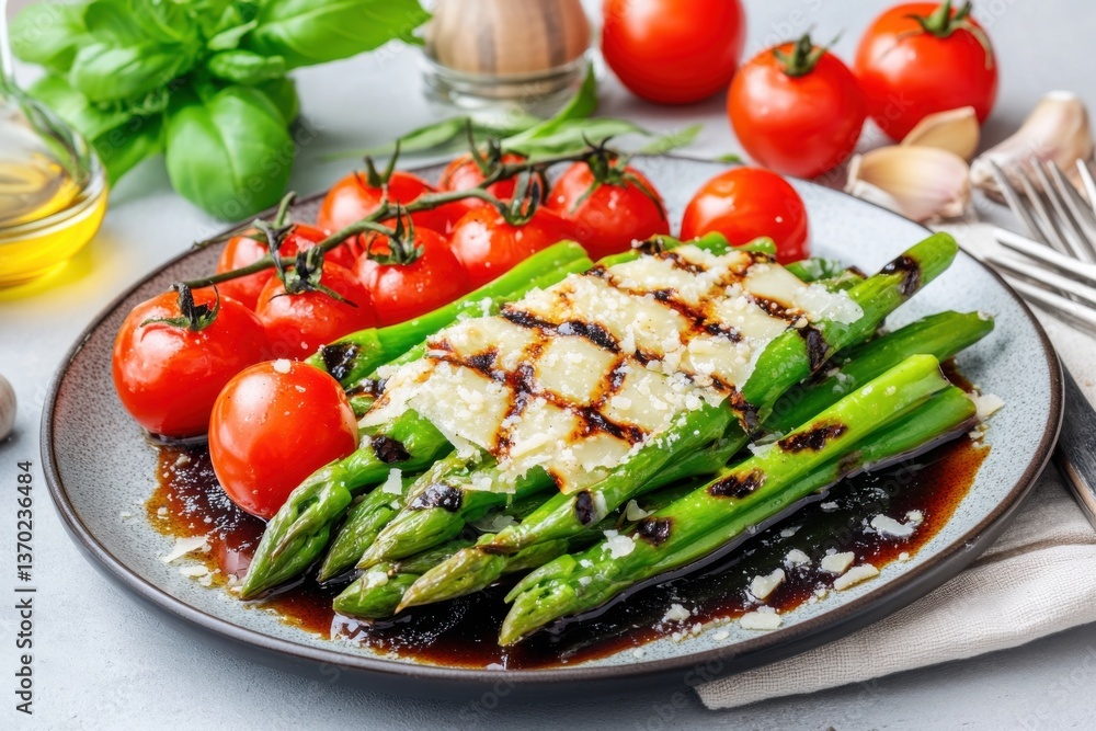 Grilled green asparagus with parmesan and balsamic glaze served on a ceramic plate Grilled green asparagus with parmesan and balsamic glaze served on a ceramic plate