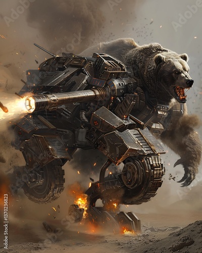 Monstrous hybrid of self propelled artillery system grizzly bear thundering across battlefield like unstoppable juggernaut armored plating mimic bear thick fur while reinforced leg propel forward