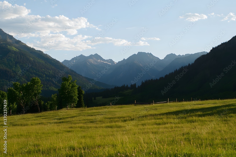 Fototapeta premium Mountain valley with grassy field and trees beneath a cloudy sky