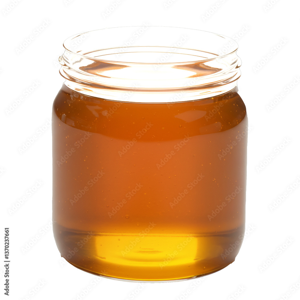 Glass jar filled with golden honey on a plain white background reflecting light Glass jar filled with golden honey on a plain white background reflecting light