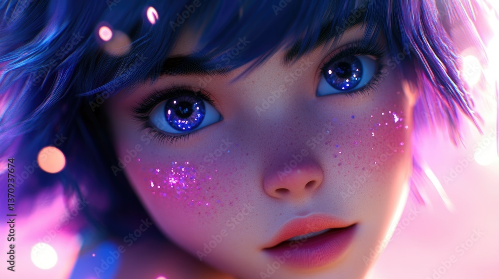 Close-up Portrait of a Girl with Glitter Freckles and Blue Hair Close-up Portrait of a Girl with Glitter Freckles and Blue Hair