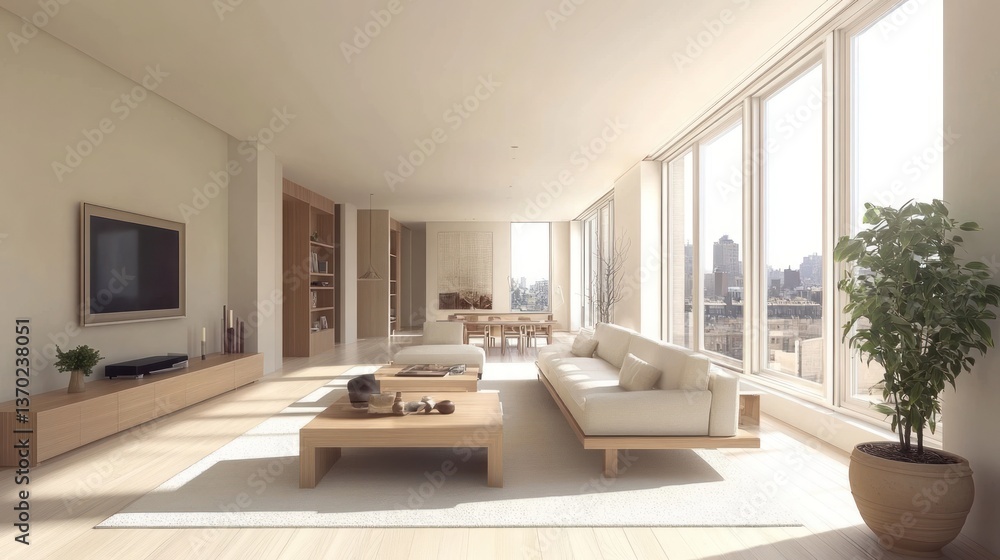 Fototapeta premium Modern minimalist penthouse living room, city view, interior design, photorealistic render