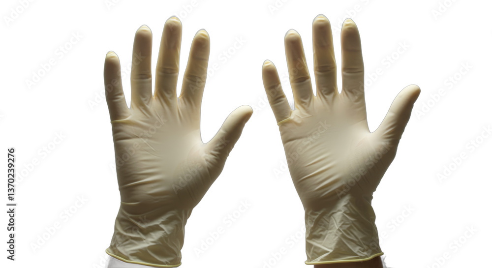Obraz premium Pair of medical latex gloves against pure white background, sterile concept