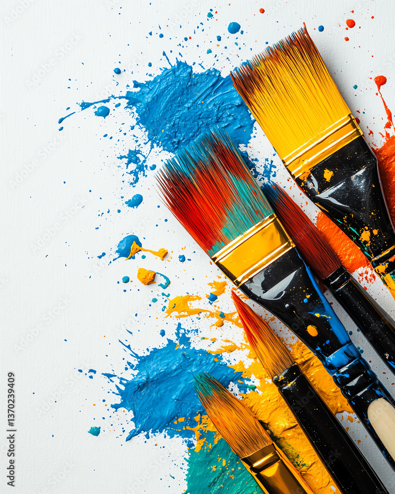 Obraz premium A vibrant collection of artist paintbrushes arranged with colorful splashes of paint, showcasing creativity and art.