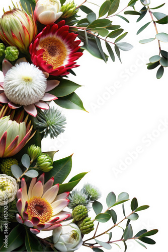 A vibrant arrangement of assorted flowers, including proteas, chrysanthemums, and greenery, creating a stunning floral display with rich colors and textures.