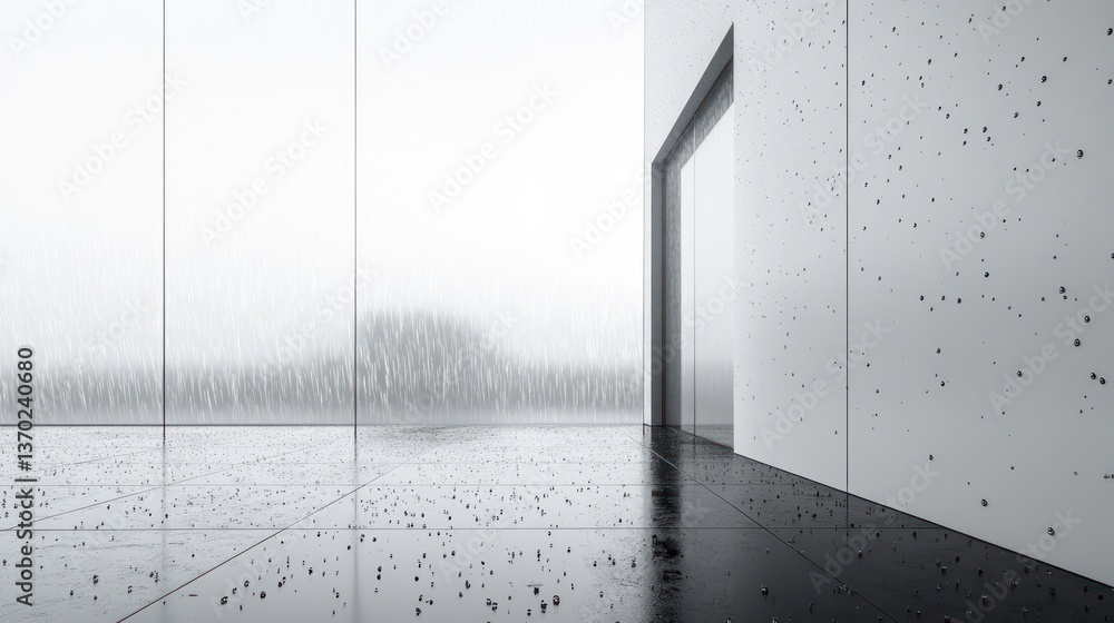 Fototapeta premium Modern interior design with large windows. Empty room with white walls and black floor, rain outside. Suitable for commercial photography or architecture