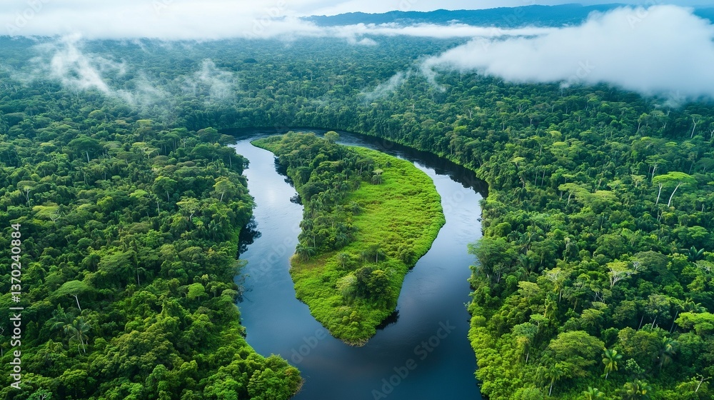 Aerial view of a winding river in lush green forest landscape  