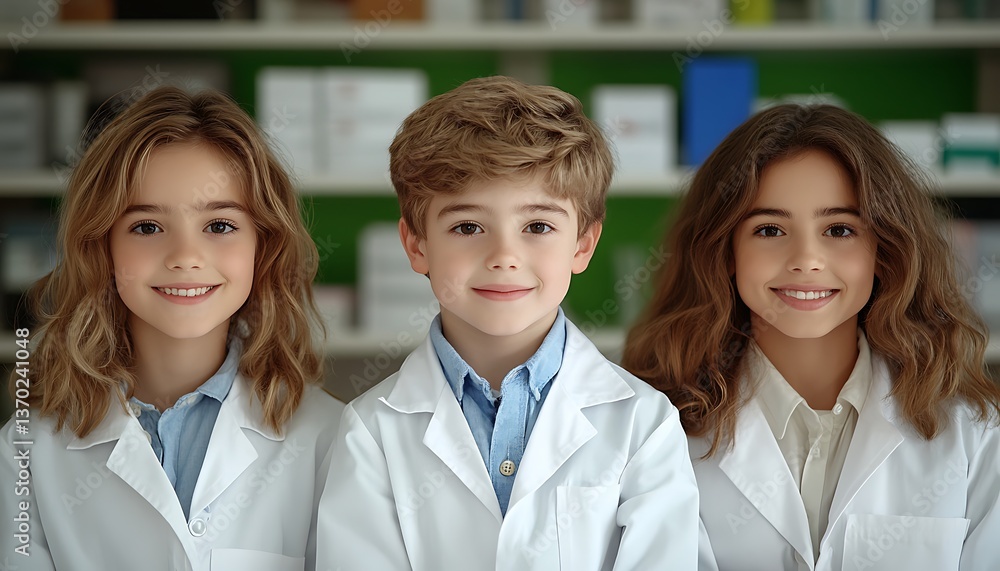 Fototapeta premium Kids in lab coats, pharmacy