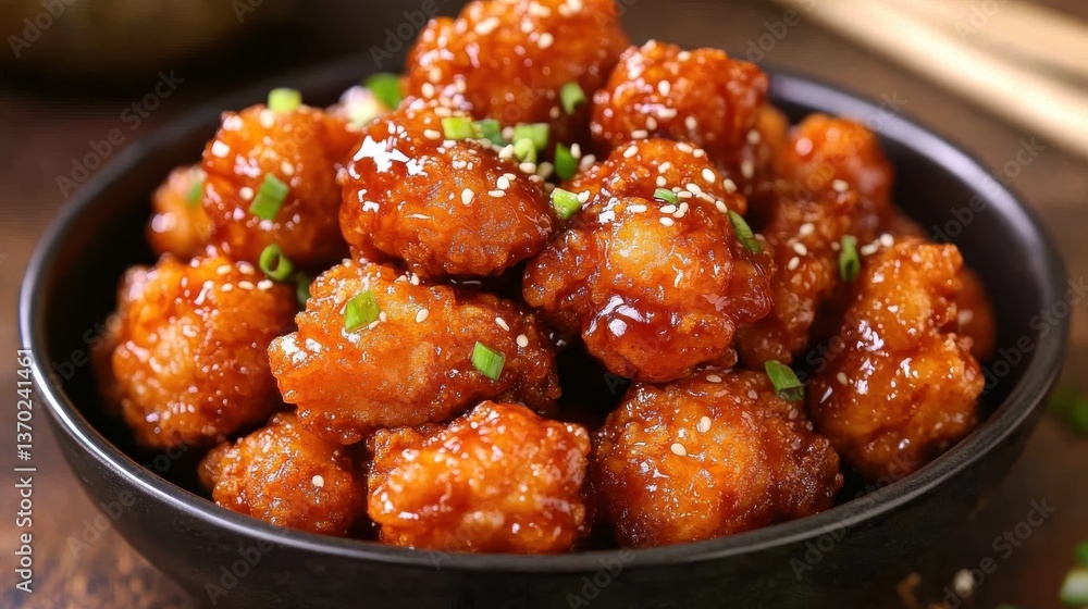 Delicious Sweet and Sour Chicken Bites Served in a Black Bowl with Fresh Green Onions and Sesame Seeds, Perfect for a Tasty Meal or Culinary Inspiration Delicious Sweet and Sour Chicken Bites Served in a Black Bowl with Fresh Green Onions and Sesame Seeds, Perfect for a Tasty Meal or Culinary Inspiration