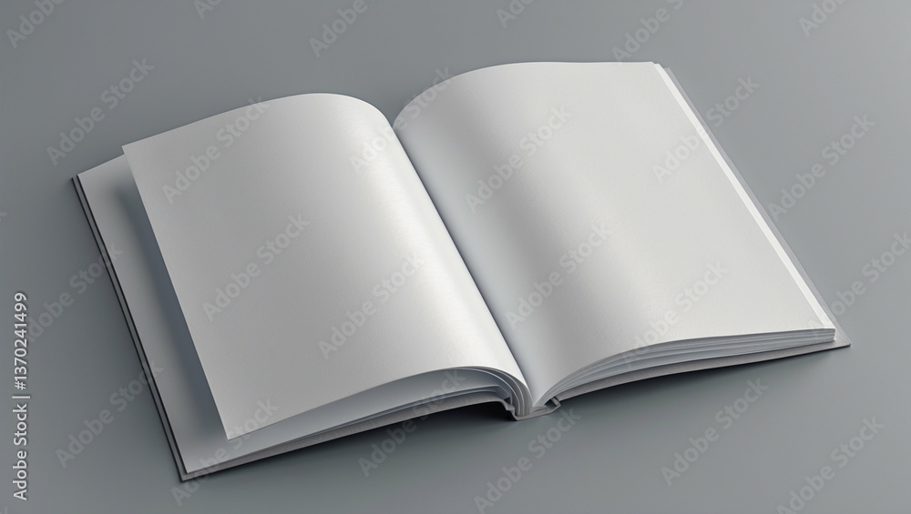 Open Blank Magazine Mockup with Clean White Pages on a Neutral Grey Surface Open Blank Magazine Mockup with Clean White Pages on a Neutral Grey Surface