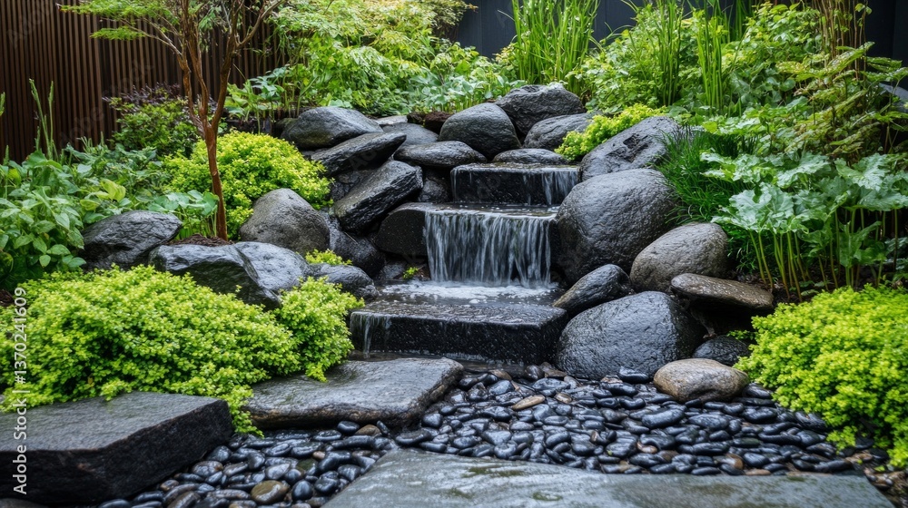 Serene Waterfall Garden with Dark Stones and Lush Greenery Serene Waterfall Garden with Dark Stones and Lush Greenery