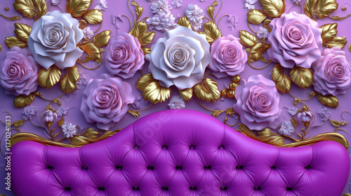 Lavish Purple Upholstered Headboard with 3D Floral Wall Art