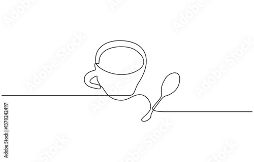 One continuous line drawing of a coffee cup with a spoon, Continuous single line drawing a cup coffee, spoon, and saucer in floating style. Coffee logo. Hot drink icon.