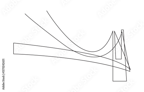 Giant bridge over river. Continuous one line drawing design,  Simple modern minimalist style isolated on white background.