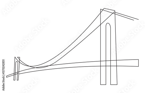Giant bridge over river. Continuous one line drawing design,  Simple modern minimalist style isolated on white background.
