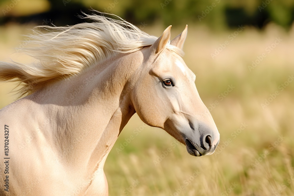 Obraz premium Palomino horse, running, windy mane, open field, bokeh background