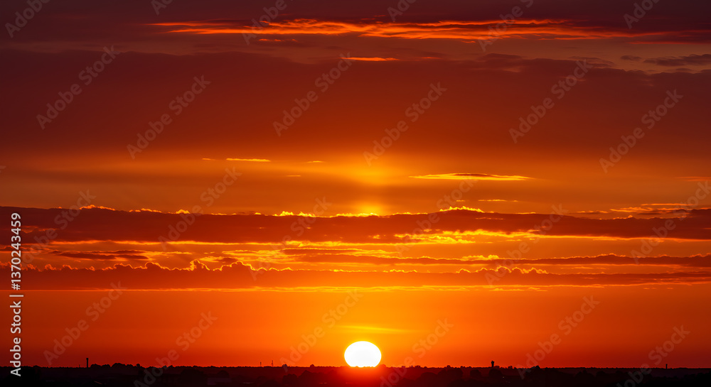 Fototapeta premium Captivating crimson dawn: A sun-kissed canvas of vivid red and golden hues