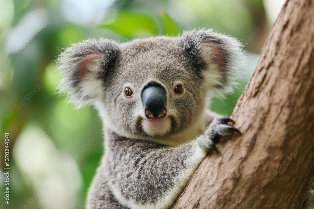 Koala bear hugging tree branch in lush green forest Koala bear hugging tree branch in lush green forest