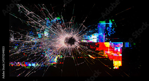 Shattered screen with digital glitch art creating a compelling destruction effect