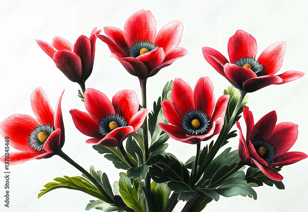 Vibrant red anemones, detailed in rich hues, create a captivating floral display.