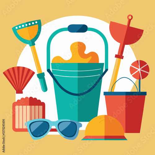 A sand castle building tools image. Cartoon style. Vector illustration.