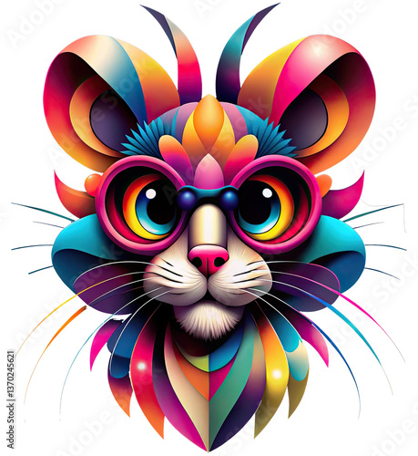 a vibrant and colorful illustration of a cat's face, adorned with bright, abstract patterns and geometric shapes, creating a lively and playful visual effect.