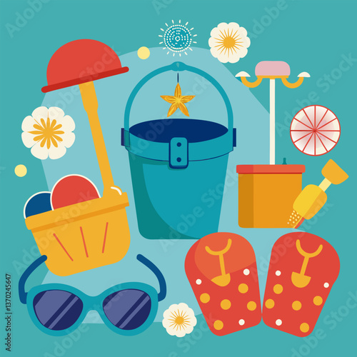 A sand castle building tools image. Cartoon style. Vector illustration.