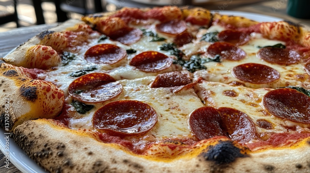 pepperoni pizza with crispy crust and gooey cheese stretching as a slice is pulled away. pepperoni pizza with crispy crust and gooey cheese stretching as a slice is pulled away.