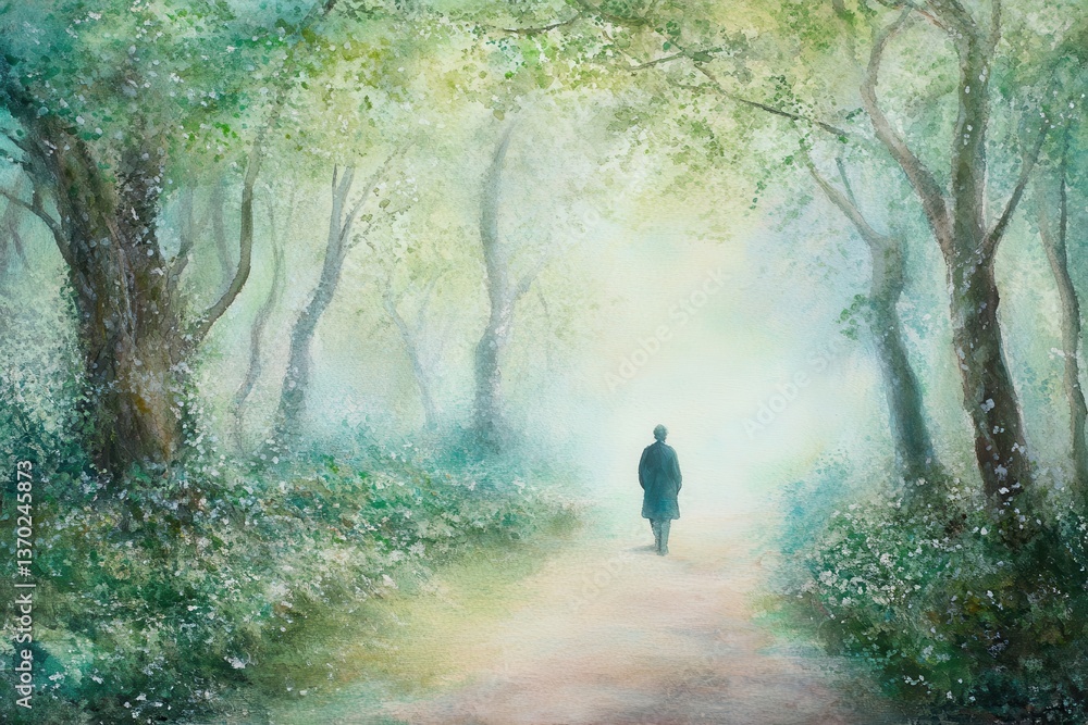 Obraz premium Serene Forest Path Man Walks Towards Light.