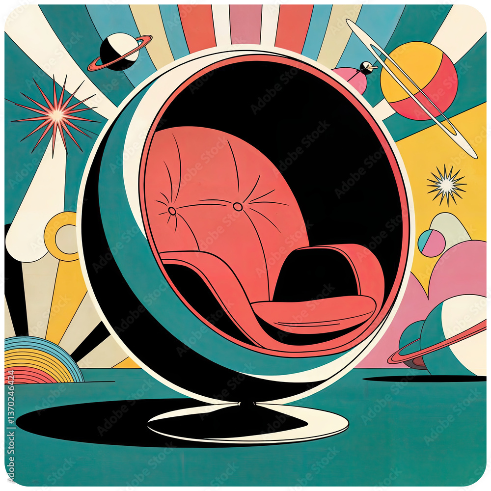 a retro-style chair with a red seat and backrest, set against a vibrant, space-themed background with colorful planets, stars, and a swirling design.