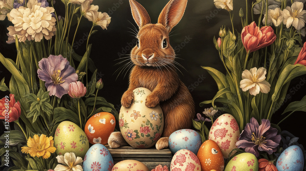A charming Easter bunny, nestled amidst a vibrant array of flowers and decorated eggs.