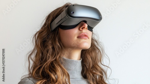 Wallpaper Mural A woman wearing a VR headset is looking at something. Concept of curiosity and wonder as the woman explores a virtual world Torontodigital.ca