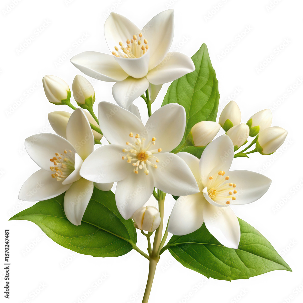 Obraz premium Beautiful white jasmine flowers with vibrant green leaves, symbolizing purity and simplicity, arranged elegantly against a dark background.