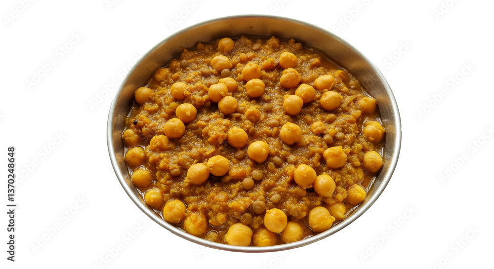 Aromatic chickpea curry dish presented against a clean and bright white background Aromatic chickpea curry dish presented against a clean and bright white background