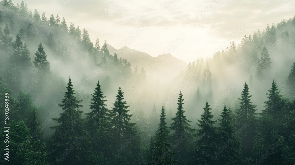 Fototapeta premium Misty mountain forest sunrise