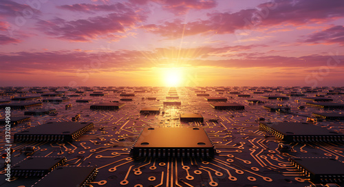 Electronic sunrise abstract background of integrated circuit horizons design