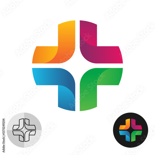 Medical cross or plus sign colorful creative logo in wide 3D gradient ribbons style. Design elements for medical, hospital, clinic, health care, pharmacy.