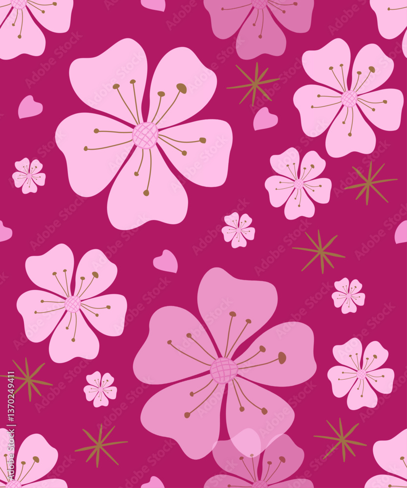 Seamless pattern with beautiful flower blossoms. This cute flower-pink hand-drawn Sakura floral pattern is the perfect vector for your fabric, summer background, wallpaper, textile, or print. Seamless pattern with beautiful flower blossoms. This cute flower-pink hand-drawn Sakura floral pattern is the perfect vector for your fabric, summer background, wallpaper, textile, or print.