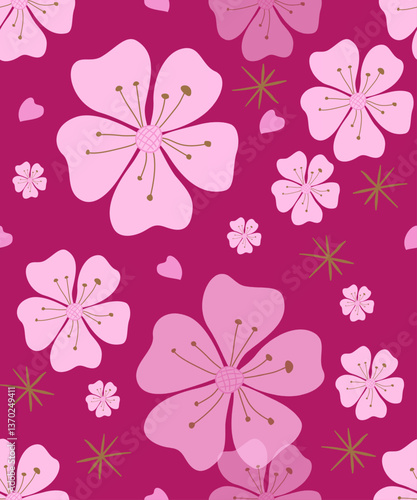 Seamless pattern with beautiful flower blossoms. This cute flower-pink hand-drawn Sakura floral pattern is the perfect vector for your fabric, summer background, wallpaper, textile, or print.