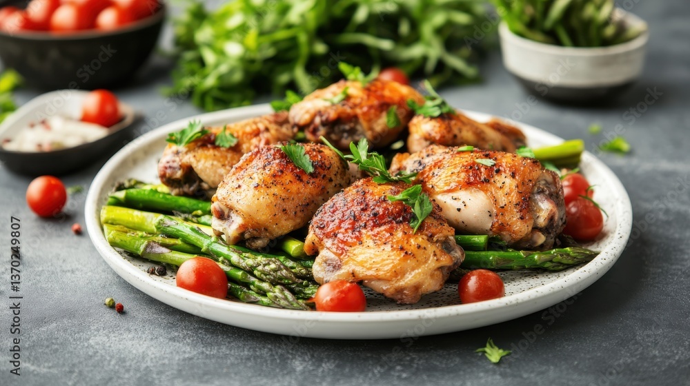 Deliciously Roasted Chicken Thighs with Fresh Asparagus and Cherry Tomatoes on a Stylish Plate Surrounded by Fresh Green Herbs and Spices Deliciously Roasted Chicken Thighs with Fresh Asparagus and Cherry Tomatoes on a Stylish Plate Surrounded by Fresh Green Herbs and Spices