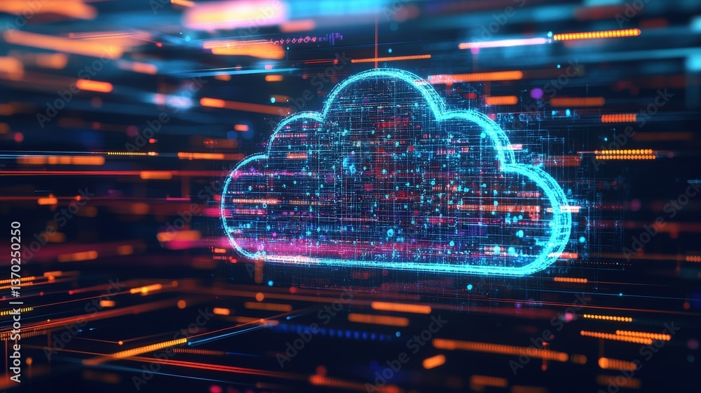 Fototapeta premium A cloud computing abstract with synchronized digital storage elements, floating data nodes, and real-time analytics.