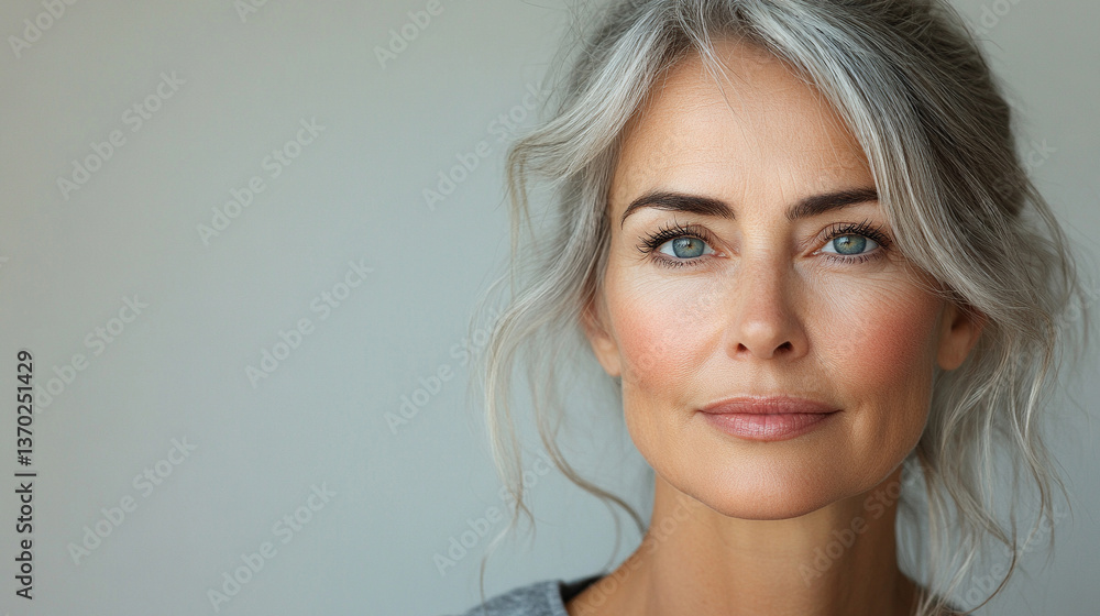 Naklejka premium Beautiful woman with grey hair and blue eyes posing