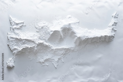 White 3D relief map of an island, on crumpled white surface