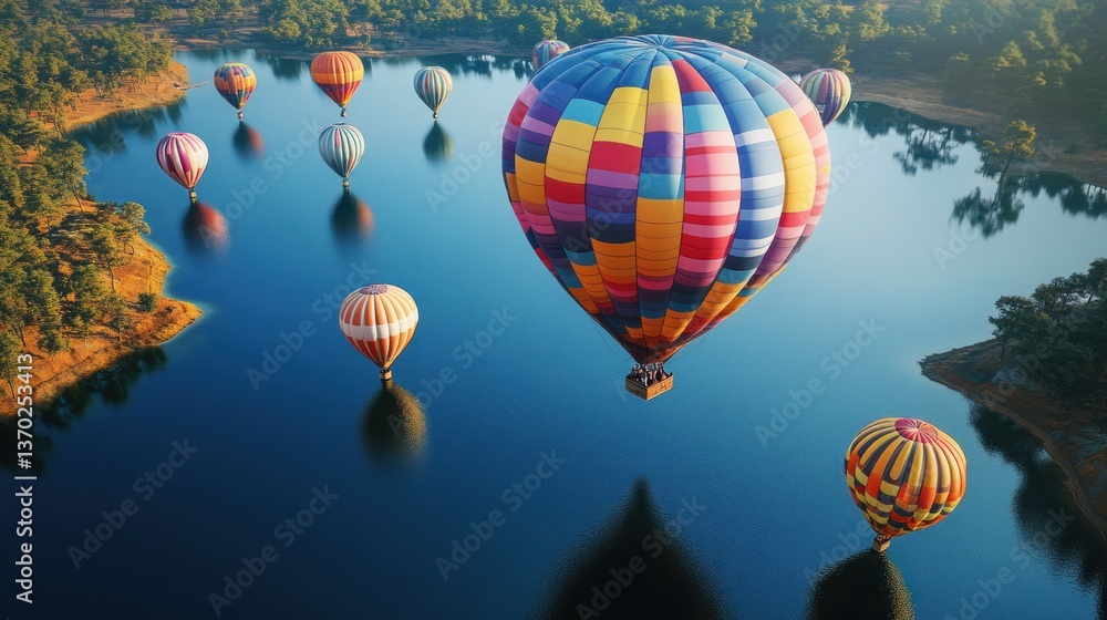 Fototapeta premium Colorful hot air balloons reflecting on a tranquil lake, surrounded by lush forests