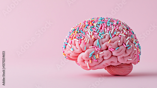 colorful brain model adorned with sprinkles symbolizes excess of sugar and glucose
