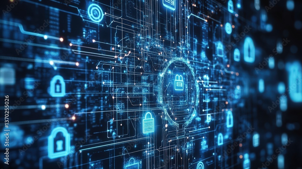 cybersecurity concept with an abstract matrix of locked data vaults, encrypted digital elements, and advanced protection layers cybersecurity concept with an abstract matrix of locked data vaults, encrypted digital elements, and advanced protection layers