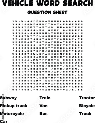 Vehicle Word Search Puzzle Cars, Trucks, Trains, Bikes